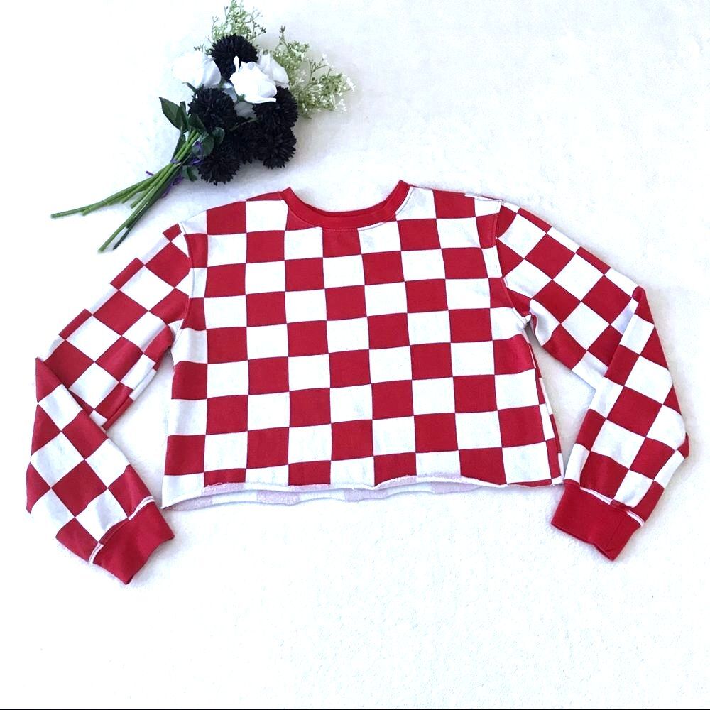 Cold Crush Checkerboard Crop Sweatshirt Size Medium Red White Y2K